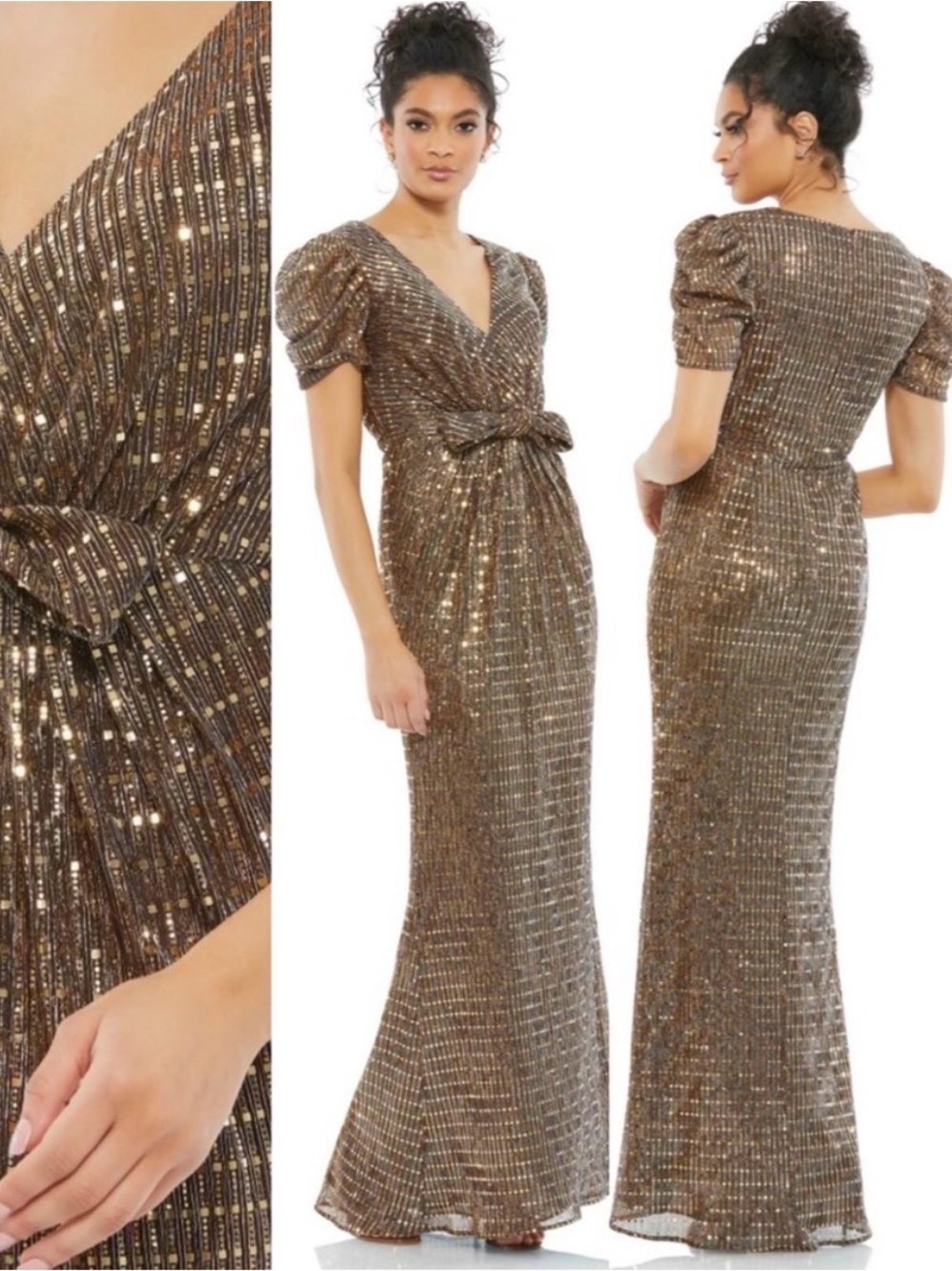 NWT IEENA for Mac Duggal Gold Sequin Bow Waist Cap Sleeve Dress Size 2